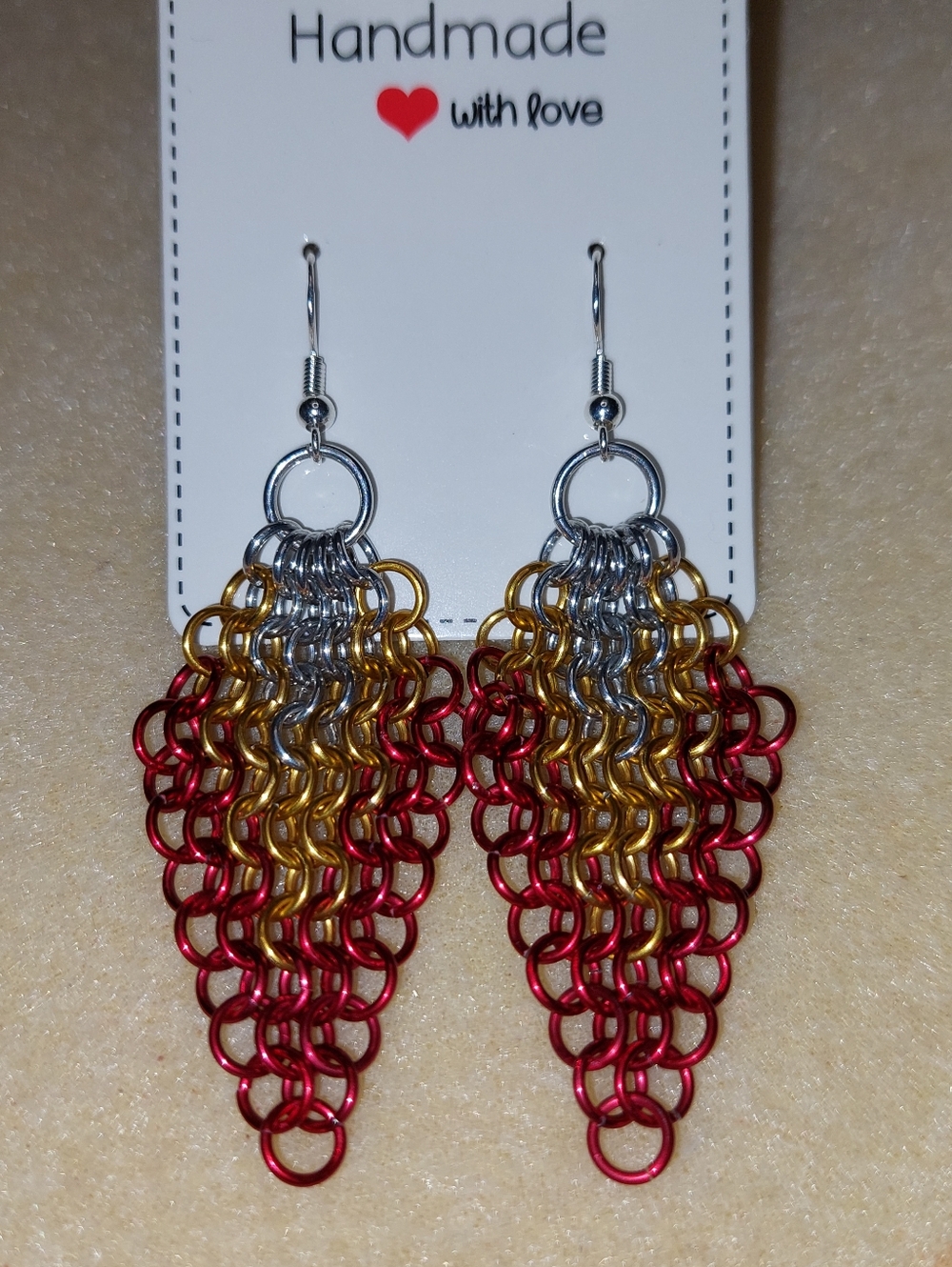 Handmade Silvertone, Orange, & Red Chainmaille Dangle Earrings